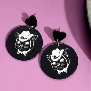 Sterling Silver 925 Black Cat With Cow boy Hat Earrings Stud
